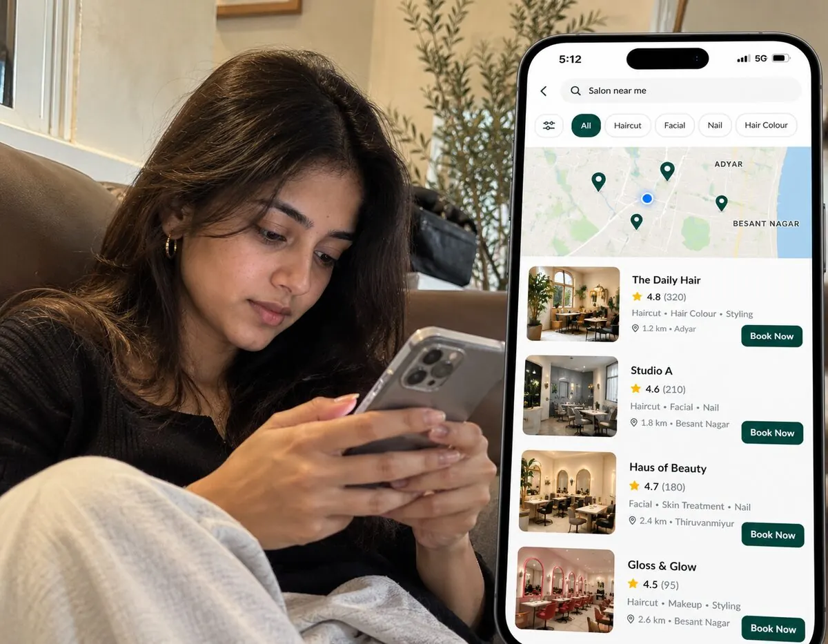 A customer finding and booking a nearby salon on the Stylo app