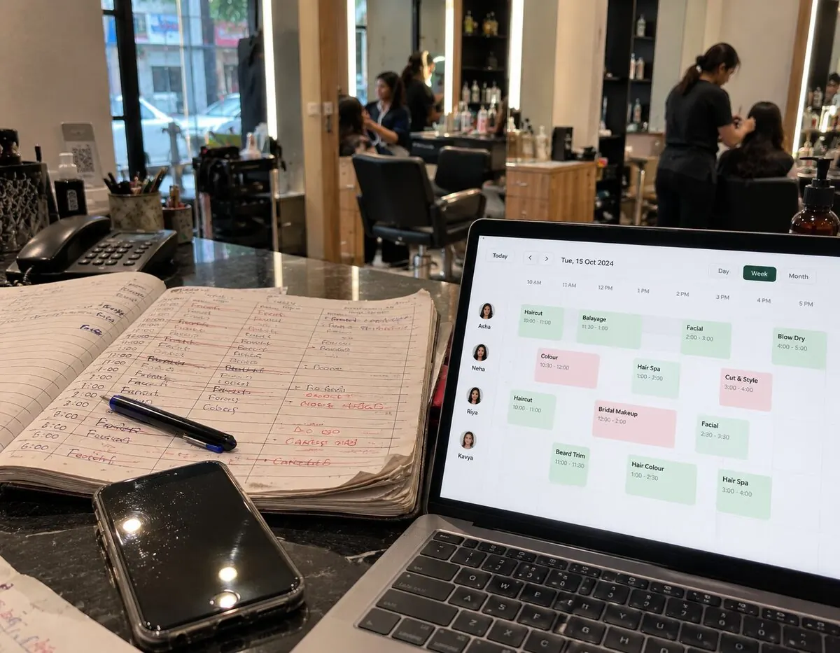A paper register next to the clean Stylo booking calendar