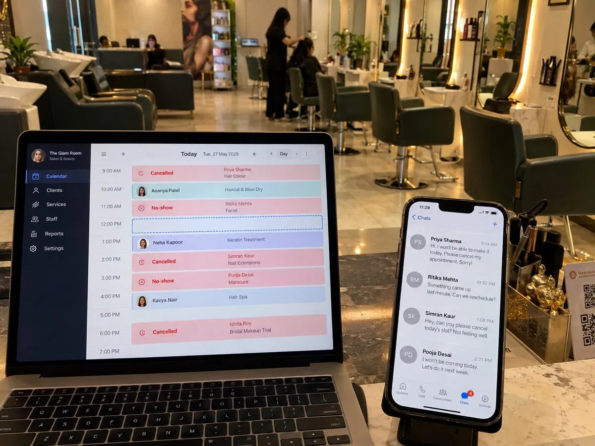 Stylo calendar flagging cancellations and no-shows beside WhatsApp messages